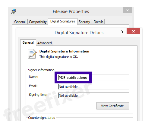 Screenshot of the PDE publications certificate